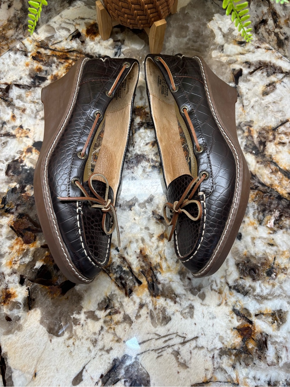 Sperry Dark Brown Textured Leather Moccasin Wedges with Tan Bow - Picture 6 of 9